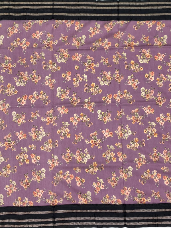 Lavender Dusk: Floral Cotton Saree with Charcoal Black Zari Border