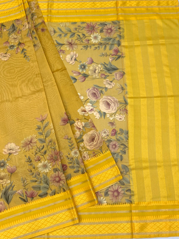 Mustard Floral Cotton Saree