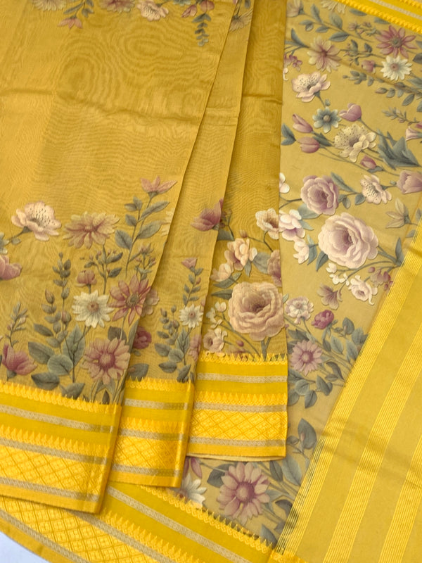 Mustard Floral Cotton Saree