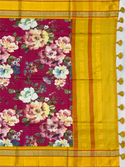 Radiant Fuchsia & Mustard: Floral Cotton Saree