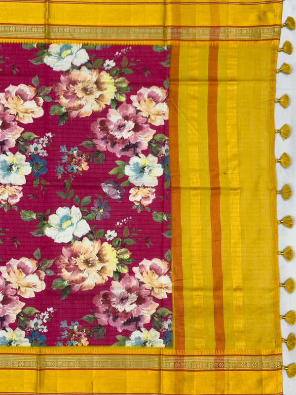 Radiant Fuchsia & Mustard: Floral Cotton Saree