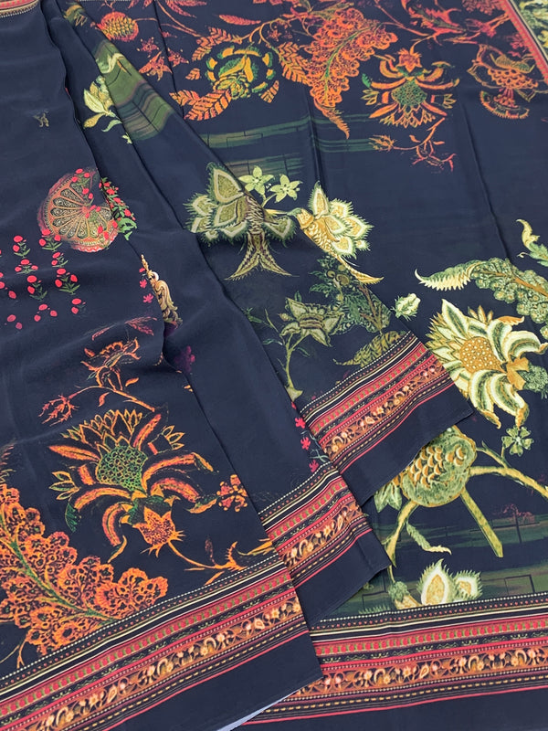 Crepe Floral Printed Saree Black In Colour