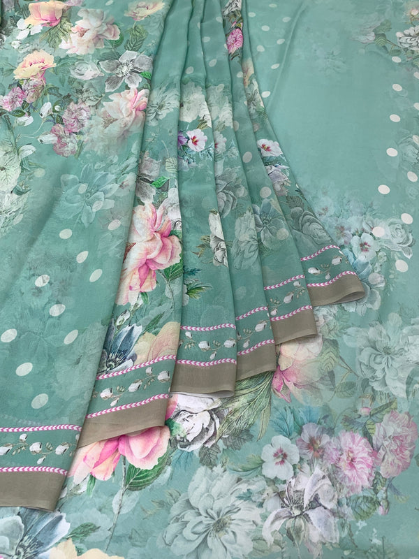 Georgette Floral Printed Saree Sea-Green In Colour