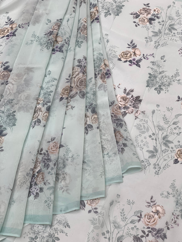 Georgette Floral Printed Saree Ice-Blue In Colour
