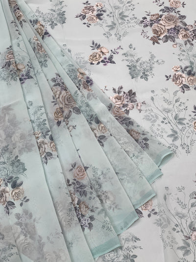 Georgette Floral Printed Saree Ice-Blue In Colour
