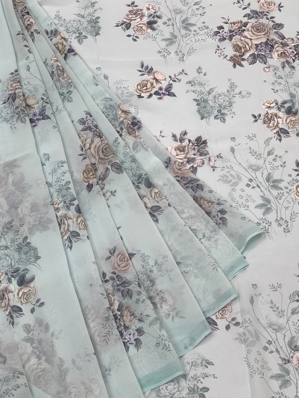 Georgette Floral Printed Saree Ice-Blue In Colour