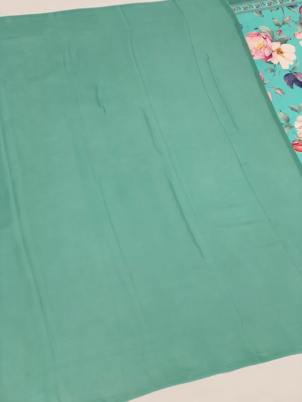 Georgette Floral Printed Saree Turquoise-Blue In Colour
