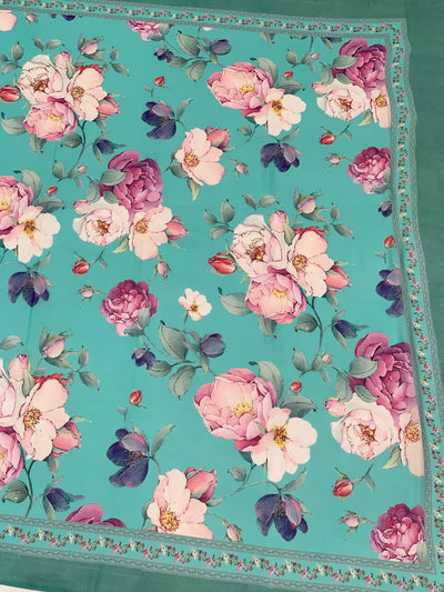 Georgette Floral Printed Saree Turquoise-Blue In Colour