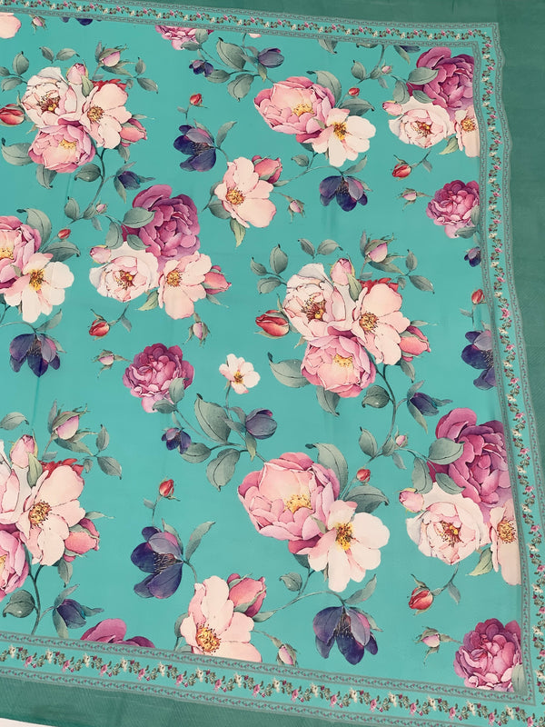 Georgette Floral Printed Saree Turquoise-Blue In Colour