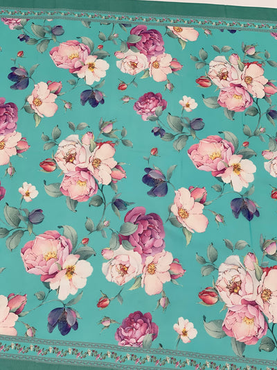 Georgette Floral Printed Saree Turquoise-Blue In Colour