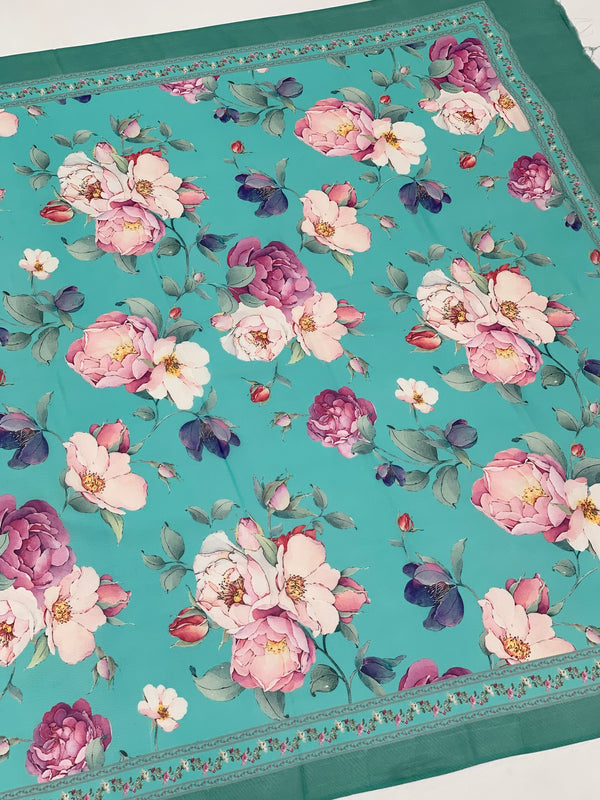 Georgette Floral Printed Saree Turquoise-Blue In Colour