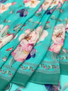 Georgette Floral Printed Saree Turquoise-Blue In Colour