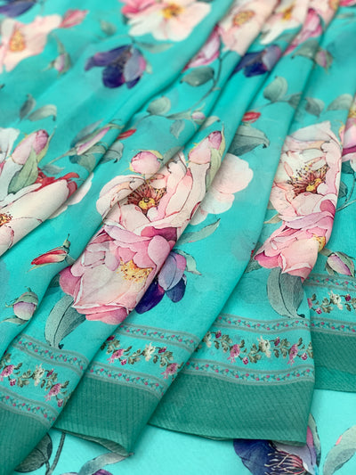 Georgette Floral Printed Saree Turquoise-Blue In Colour