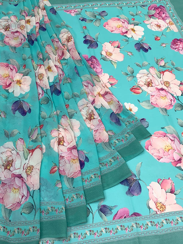 Georgette Floral Printed Saree Turquoise-Blue In Colour