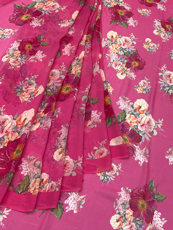 Georgette Floral Printed Saree Pink In Colour