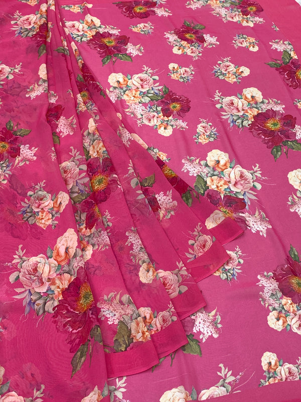Georgette Floral Printed Saree Pink In Colour
