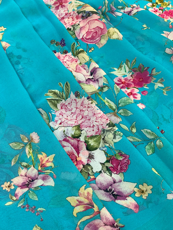 Georgette Floral Printed Saree Light-Blue In Colour