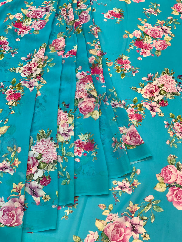 Georgette Floral Printed Saree Light-Blue In Colour