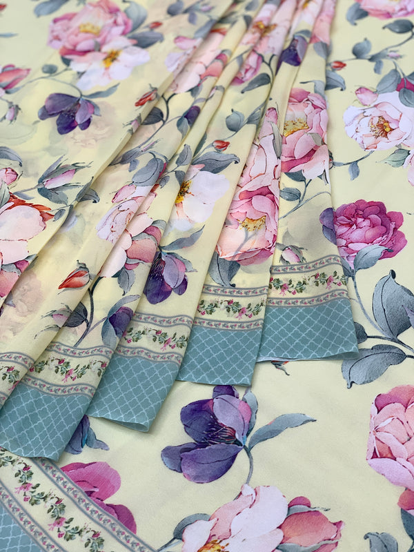 Georgette Floral Printed Saree Light Lemon-Yellow In Colour