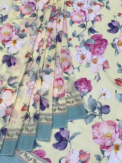 Georgette Floral Printed Saree Light Lemon-Yellow In Colour