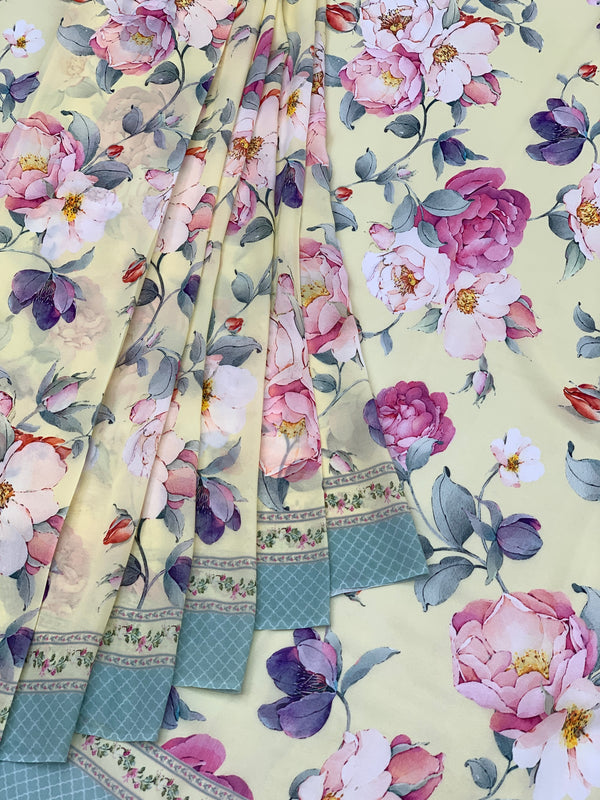 Georgette Floral Printed Saree Light Lemon-Yellow In Colour