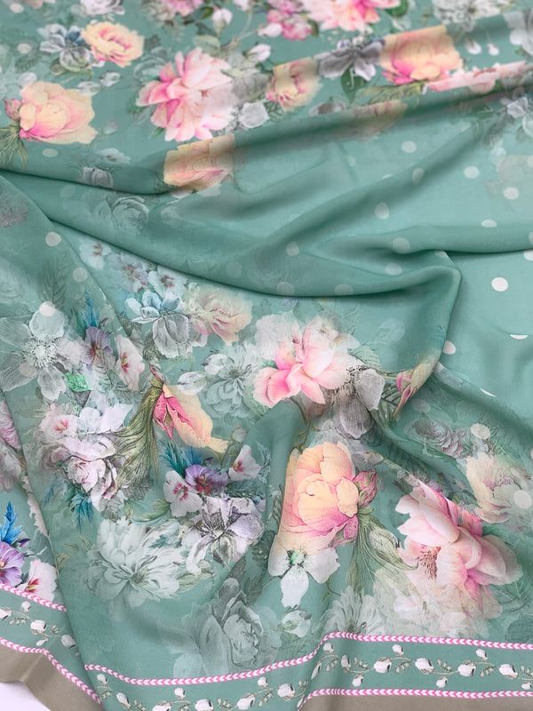 Georgette Floral Printed Saree Sea-Green In Colour
