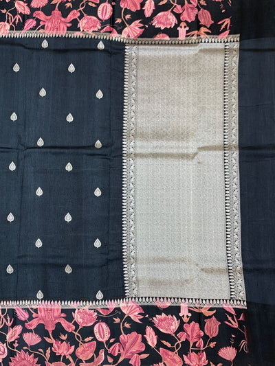 Midnight Bloom Black Tussore Saree with Pink Floral Border