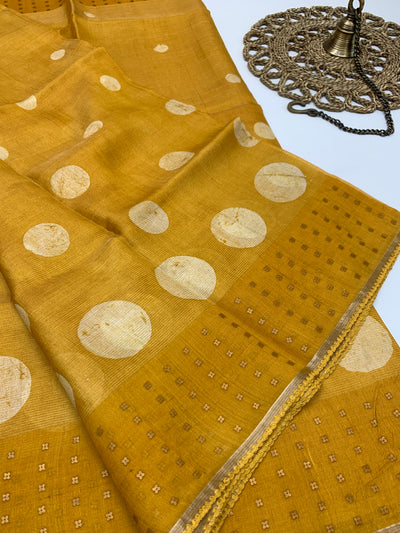 Mustard Tussar Tissue Saree with Polka Motifs
