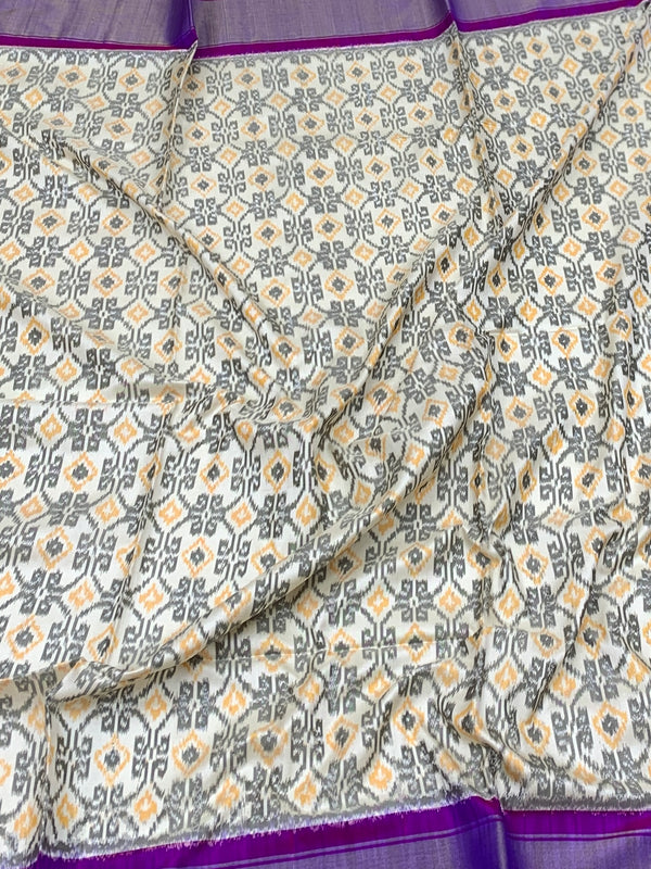 White & Purple Ikat Silk Saree