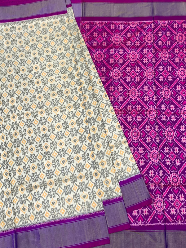 White & Purple Ikat Silk Saree