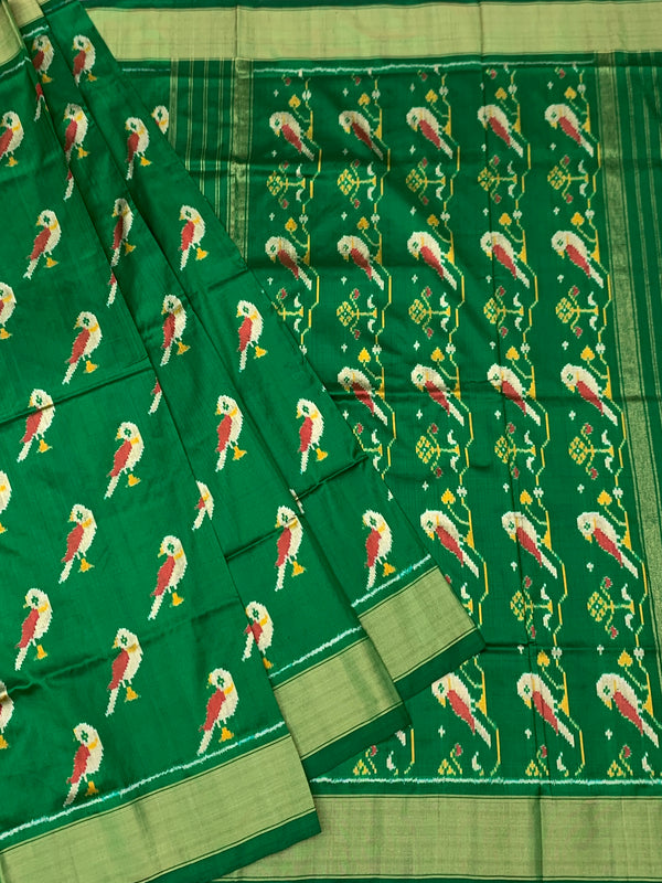 Handcrafted Emerald Green Ikat Silk Saree