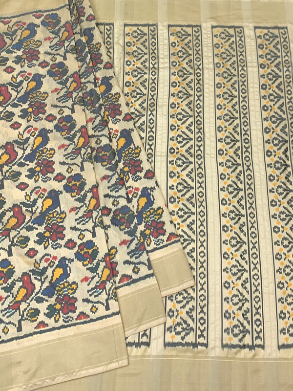 Exquisite Off-White Bird Motif Handloom Ikat Silk Saree