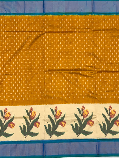 Handwoven Ikat Silk Saree in Mustard & Pearl White