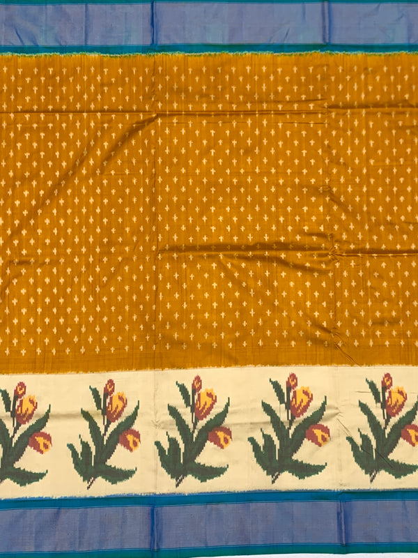 Handwoven Ikat Silk Saree in Mustard & Pearl White