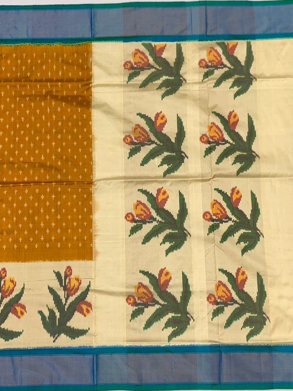 Handwoven Ikat Silk Saree in Mustard & Pearl White