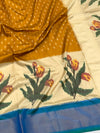 Handwoven Ikat Silk Saree in Mustard & Pearl White
