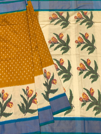 Handwoven Ikat Silk Saree in Mustard & Pearl White