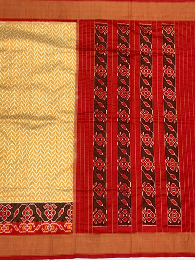 Handcrafted Ikat Silk Saree in Cream & Crimson Red