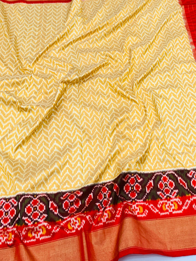 Handcrafted Ikat Silk Saree in Cream & Crimson Red