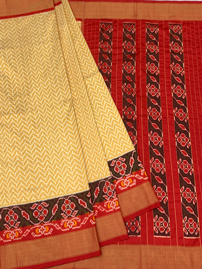 Handcrafted Ikat Silk Saree in Cream & Crimson Red
