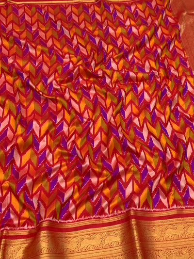 Handcrafted Multi-Color Chevron Ikat Silk Saree