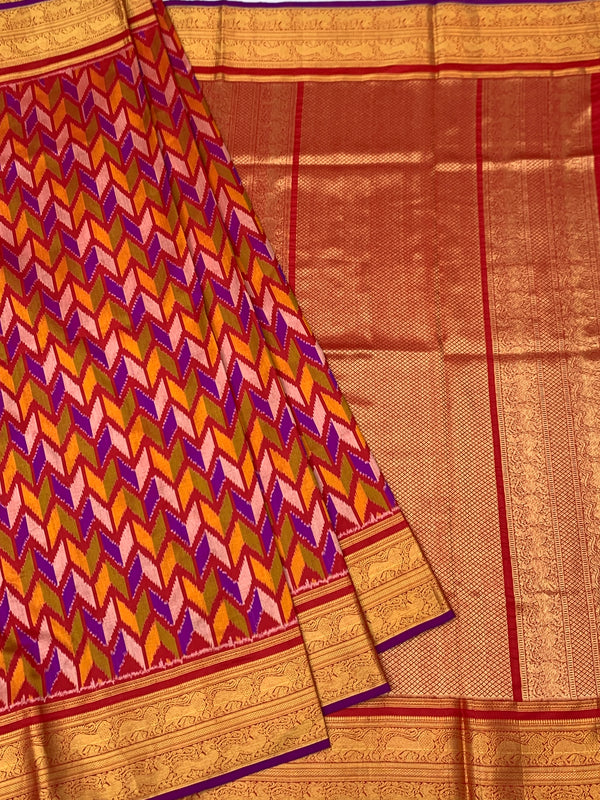 Handcrafted Multi-Color Chevron Ikat Silk Saree