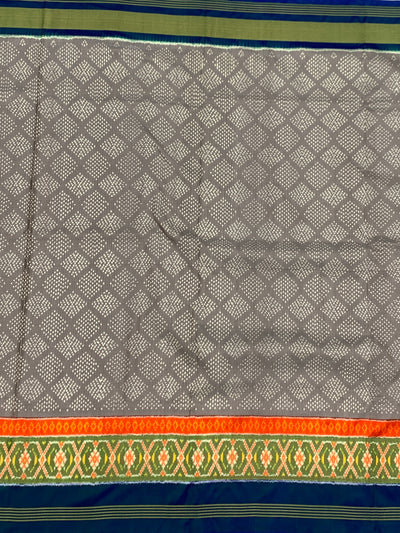 Exquisite Handloom Ikat Silk Saree in Dove Grey & Indigo