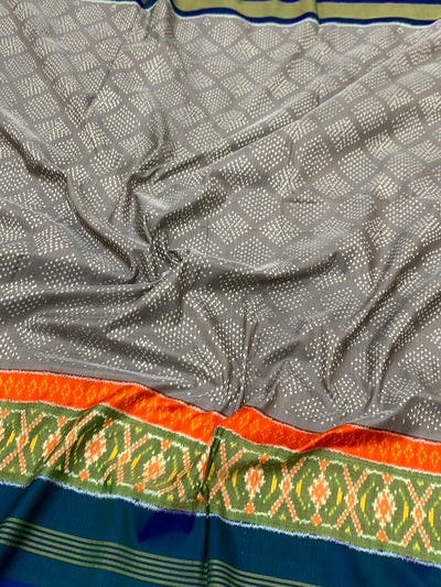 Exquisite Handloom Ikat Silk Saree in Dove Grey & Indigo