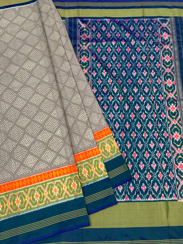 Exquisite Handloom Ikat Silk Saree in Dove Grey & Indigo