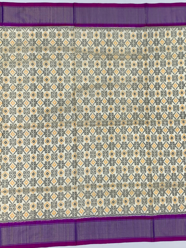 White & Purple Ikat Silk Saree