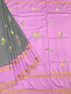 Exquisite Black & White Checked Kanjeevaram Silk Saree with Floral Applique and Lilac Border