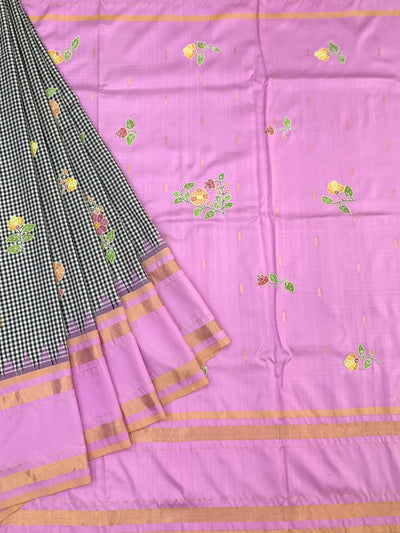 Exquisite Black & White Checked Kanjeevaram Silk Saree with Floral Applique and Lilac Border