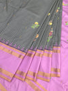 Exquisite Black & White Checked Kanjeevaram Silk Saree with Floral Applique and Lilac Border