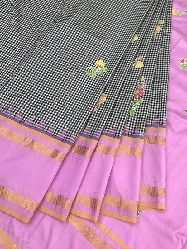 Exquisite Black & White Checked Kanjeevaram Silk Saree with Floral Applique and Lilac Border